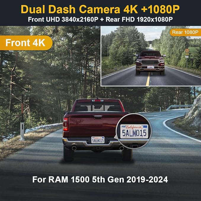 Fitcamx Front 4K+Rear 1080P Dash Cam Adapts for RAM 1500 (Model A) 2019 2020 2021 2022 2023 2024 Rebel Big Horn Laramie, OEM Look, Dual Loop Recording, WiFi & APP, G-Sensor, Easy to Set, 128GB Card