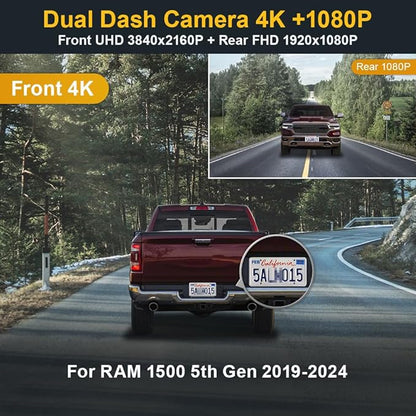 Fitcamx Front 4K+Rear 1080P Dash Cam Adapts for RAM 1500 (Model A) 2019 2020 2021 2022 2023 2024 Rebel Big Horn Laramie, OEM Look, Dual Loop Recording, WiFi & APP, G-Sensor, Easy to Set, 128GB Card