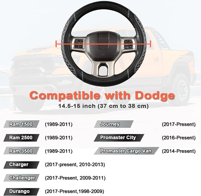 West Llama Customized Auto Car Steering Wheel Cover for Dodge 1989-2011 RAM 1500 2500 3500, Charger, Durango, Challenger(Diamond Quilted-Black+Gray-Standard Size)