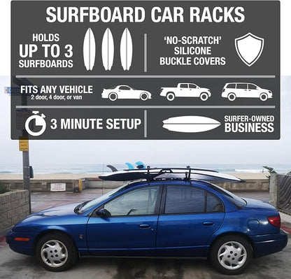 Ho Stevie! Surfboard Car Racks - Padded System, Easy Setup Any Car, ‘No Scratch’ Buckles - Strap Up to 3 Boards to Car Roof