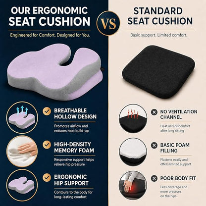 Seat Cushions for Office Chairs Wheelchair Cushion for Long Sitting Back Pain，Memory Foam Seat Car Computer Desk Chair Cushion，Coccyx Cushion for Tailbone Pain Relief Office Chair Butt Pillow Purple