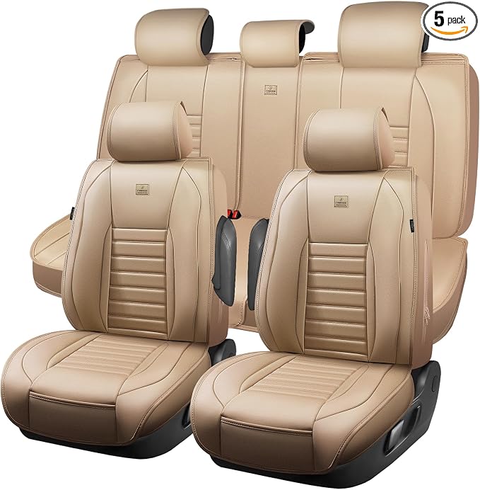 CAR PASS Nappa Leather Car Seat Covers Full Set, Luxury Seat Protector for Cars, Waterproof Anti-Slip Car Seat Cushion Armrest Compatible Airbag Universal for Sedan SUV Pick-up Truck Automotive, Beige