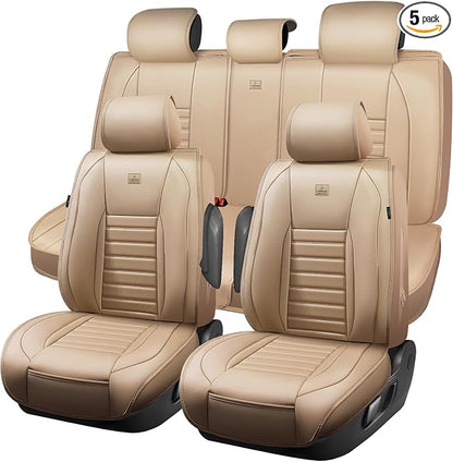 CAR PASS Nappa Leather Car Seat Covers Full Set, Luxury Seat Protector for Cars, Waterproof Anti-Slip Car Seat Cushion Armrest Compatible Airbag Universal for Sedan SUV Pick-up Truck Automotive, Beige