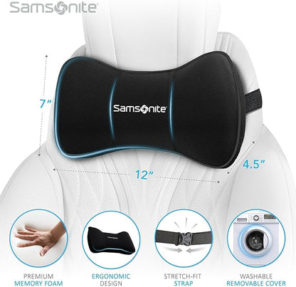 SAMSONITE Travel Neck Pillow – Memory Foam Car Seat Headrest Cushion, Ergonomic Neck Support for Driving, Adjustable, Comfortable Head Rest for Long Trips, Travel Pillow for Cars & Office Chairs