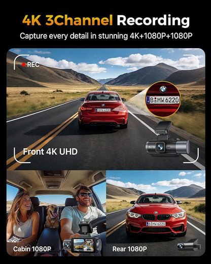 GKU 4K 3 Channel Dash Cam Front and Rear Inside, 3" IPS Screen, 5.8GHz WiFi Dash Camera for Cars, Built-in GPS, G-Sensor, 64GB Card Included, 24H Park Mode