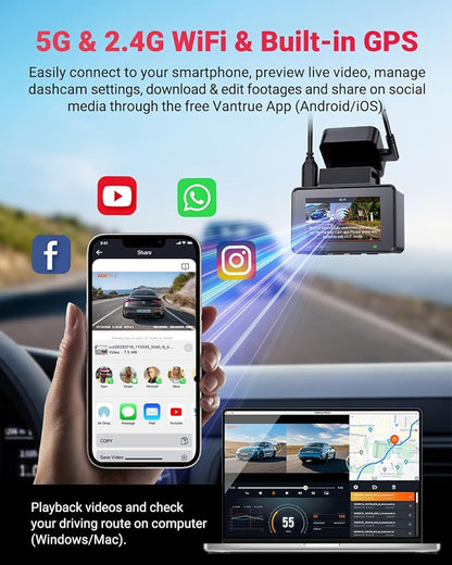 Vantrue E2 Pro Dash Cam Front and Rear, 2.5K Upgrade Rear Cam, 4K+2.5K Dash Camera for Cars, Voice Control, WiFi, GPS, Night Vision, 24H Parking Mode, Loop Recording, 2.45" IPS, Support 1TB