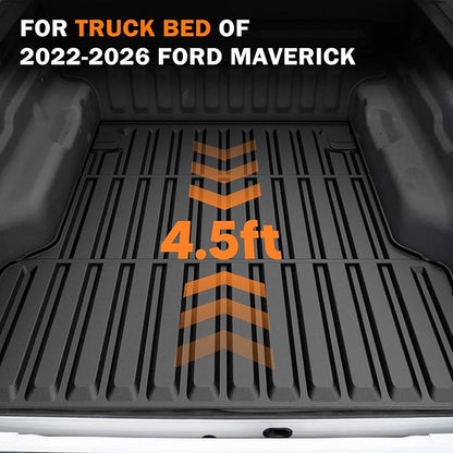 KUST Floor Mats Truck Bed Mat for 2022-2025 2026 Ford Maverick Accessories (Hybrid Only), All Weather Floor Liners & 4.5FT Bed Liner & Tailgate Mat, Full Set Truck Mats TPE Rubber, Raised Edge