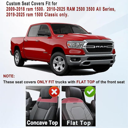 Huidasource Front Seat Covers for Dodge Ram, Leather Car Seat Cushion Cover Fit for 2009-2018 ram 1500, 2010-2025 ram 2500/3500 Crew/Mega Cab, 2019-2025 ram 1500 Classic Only (Flat Front/Black&Blue)