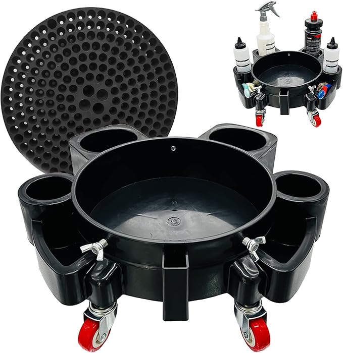Car Wash Bucket Dolly, 5 Gallon Bucket Grit Trap, Removable Bucket Dolly, Rolling Bucket Dolly with Side Organizer for Storing Spray Bottles and Detailing Kits, Suitable for Workshop Car Washing