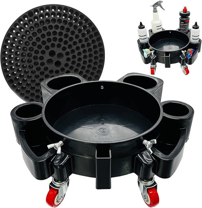 Car Wash Bucket Dolly, 5 Gallon Bucket Grit Trap, Removable Bucket Dolly, Rolling Bucket Dolly with Side Organizer for Storing Spray Bottles and Detailing Kits, Suitable for Workshop Car Washing