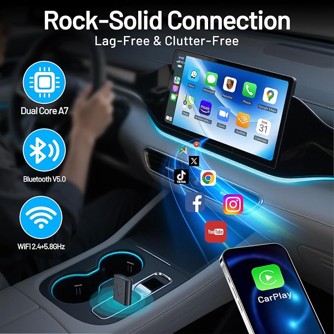 onffo Wireless CarPlay Adapter for iPhone and Android Auto, Convert Wired to Wireless Car Play Adapter for Apple iOS 10+/Android 10+