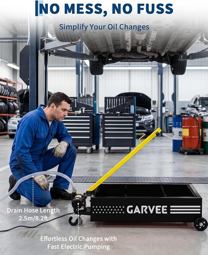 Garvee 25 Gallon Oil Drain Pan, 110V Waste Oil Drain Pan for Oil Change, Steel, 8-8.2 ft Hose& Folding Handle&Rolling Cart, Heavy Duty for Trucks,Black