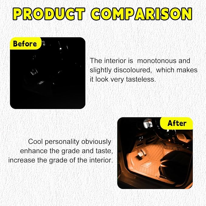 Car LED Strip Light, 24 LEDs RGB Neon Interior Atmosphere Lights, 12V Under Dash Ambient Night Light, Cigarette Lighter Auto Interior Decorative Lamp, Car Accessories (Orange-Yellow)