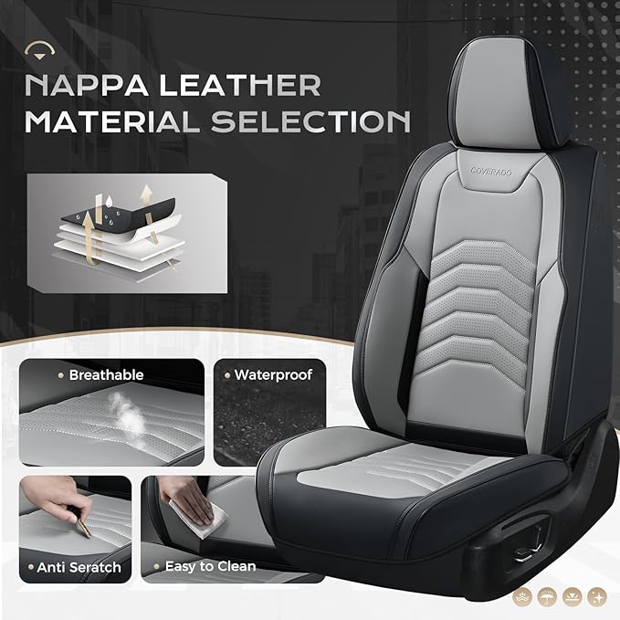 Coverado Front Seat Covers, Leather Car Seat Covers Luxury Automotive Seat Covers for Cars, Waterproof Car Seat Protectors Car Seat Cushion Universal Fit for Most Cars Trucks SUV Vehicles, Black&Gray