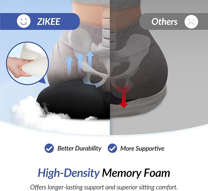 ZIKEE Ergonomic Seat Cushion with Thigh Slope for Long Sitting, Memory Foam Office Chair Cushion for Car, Home, U-Shaped Design Relieves Hip, Tailbone Pain, Non-Slip Sciatica Pain Relief Pillow