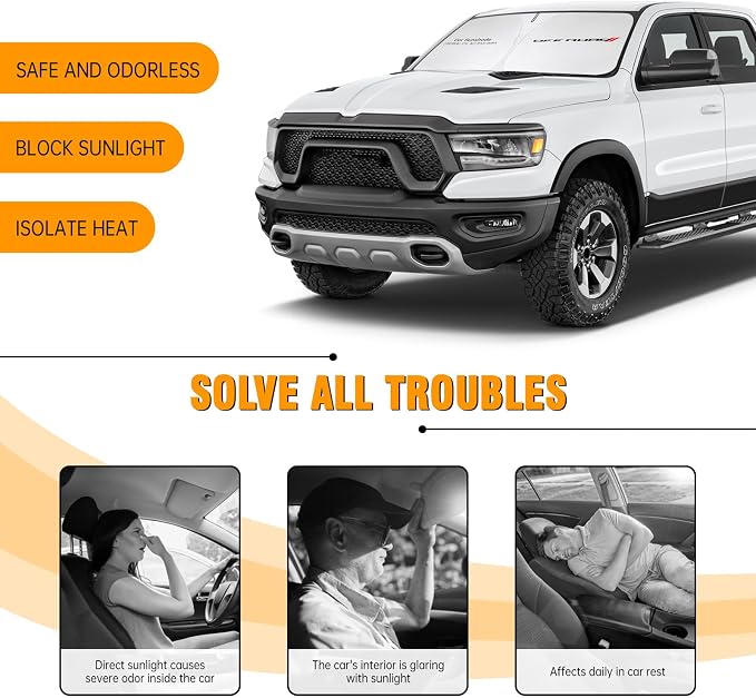 Front Windshield Sun Shade Compatible with Dodge RAM 1500 2010-2023 2024 2025 2026, Sun Visor Protector Blocks UV Rays Sunshade for RAM 2500 3500 Foldable Interior Accessories