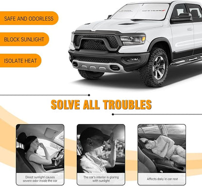 Front Windshield Sun Shade Compatible with Dodge RAM 1500 2010-2023 2024 2025 2026, Sun Visor Protector Blocks UV Rays Sunshade for RAM 2500 3500 Foldable Interior Accessories