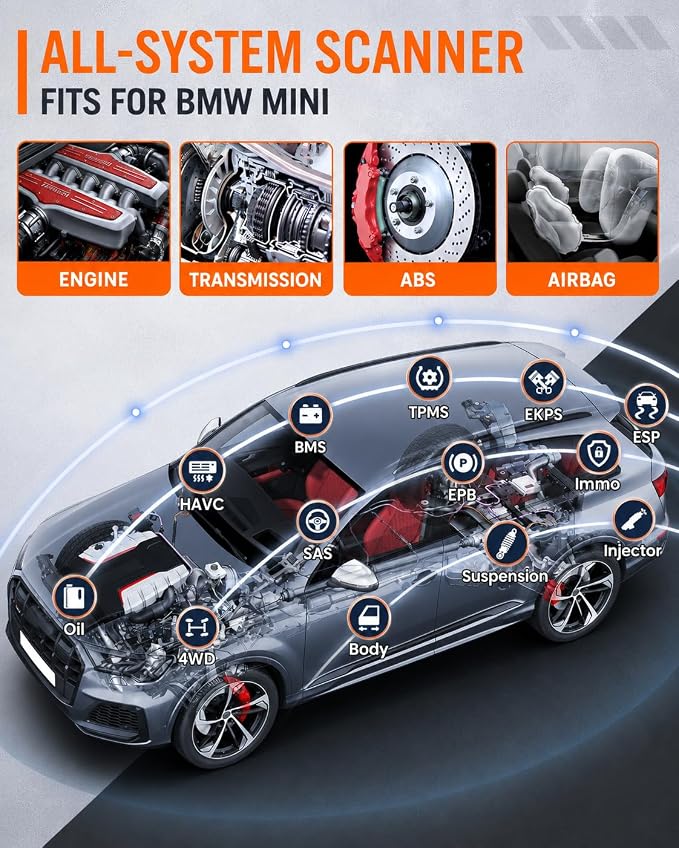 ANCEL BM500 OBD2 Scanner for BMW & MINI, Simplified Battery Registration, EPB, Oil, Throttle, PCM Resets, I/M Readiness, Full System Diagnostics for Engine, Transmission, ABS, SRS, DSC & More