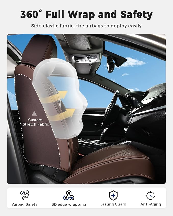 Huidasource Coffee Seat Covers Full Set, Universal Fit for Most Cars Trucks SUV, Full Coverage Leather Seat Cover, Airbag, Cupholder Compatible, Velcro Adjustable, Heaating/Cooling Function Retain