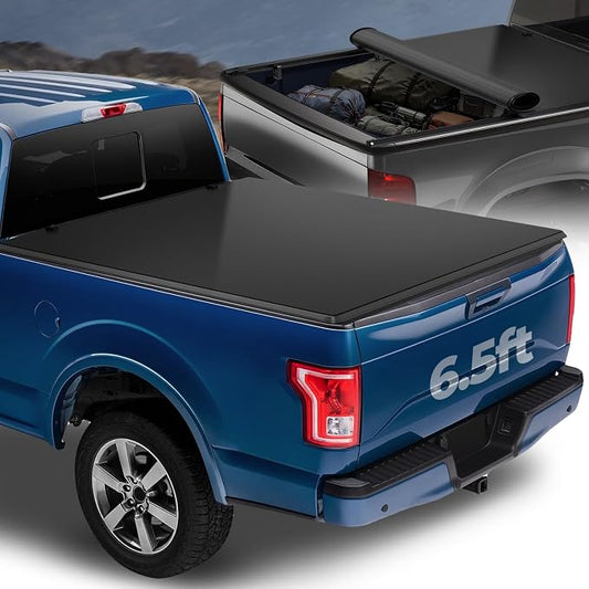 Auto Dynasty Soft Roll-up Truck Bed Tonneau Cover Compatible with 2015-2025 Ford F-150 6.5Ft/78Inch Fleetside Bed, Matte Black Soft Vinyl Top