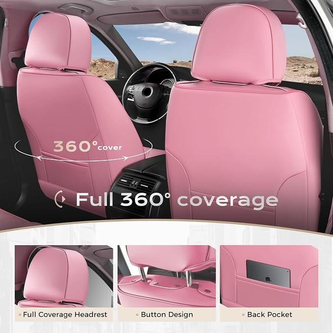 Coverado Car Seat Covers Full Set, Seat Covers for Cars, Car Seat Cover, Car Seat Protector, Leather Car Seat Cushion, Waterproof Car Seat Covers Front Seats and Back Fit for Most Cars(Pink)