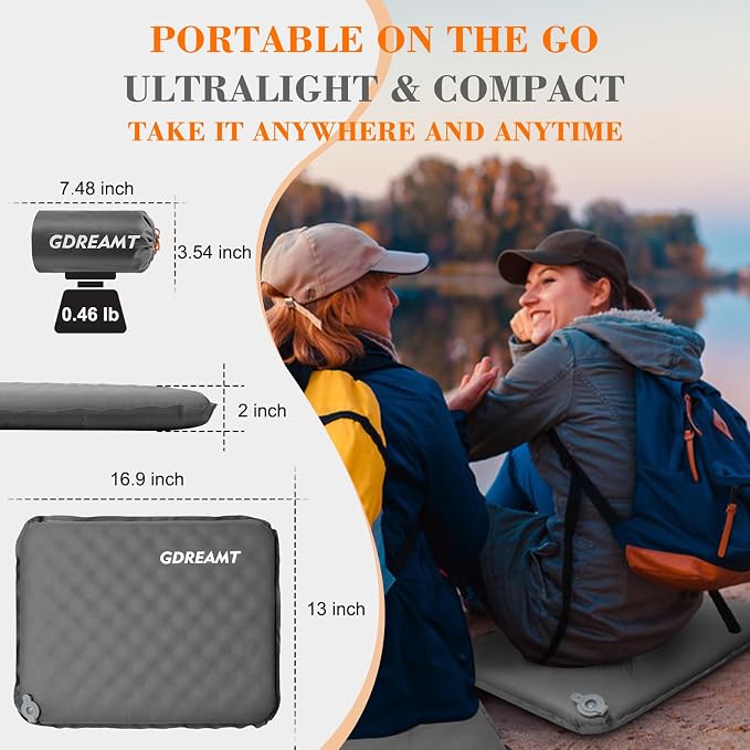 Inflatable Seat Cushion, Self-Inflating Memory Foam Stadium Seats Cushion Portable Camping Air-Foam Sitting Pad for Travel Airplane Car Bleachers Backpacking Office, Lightweight & Compact