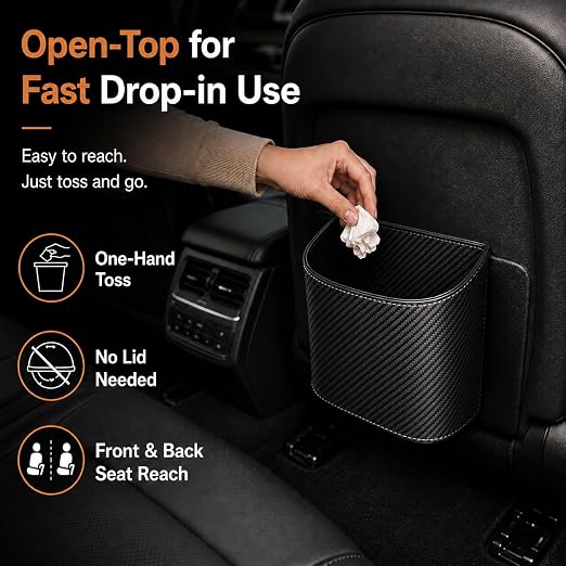 COZILO Leather Car Trash Can – Leakproof & Easy-to-Clean Car Garbage Can for Luxury Cars, SUVs & Trucks | Includes 60 Custom Liners, Secure Hook, Easy Install, Carbon Fiber