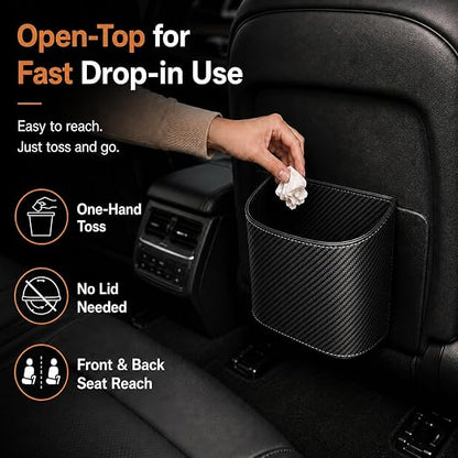 COZILO Leather Car Trash Can – Leakproof & Easy-to-Clean Car Garbage Can for Luxury Cars, SUVs & Trucks | Includes 60 Custom Liners, Secure Hook, Easy Install, Carbon Fiber