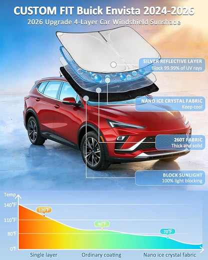 Windshield Sunshade for Buick Envista 2024 2025 2026 Sun Shade Car Windshield Accessories Upgrade 4 Layers Blocks UV Rays Custom Fit Envista Car Window Shades Front Windshield Keep Cool Foldable