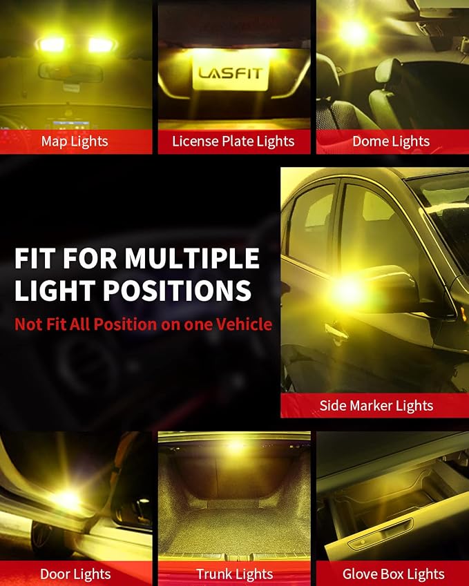 LASFIT 194 168 T10 192 2825 W5W LED Bulb Canbus Error Free, Non-Polarity 400LM Extremely Bright for Dome Map Courtesy Door Trunk Cargo Lights, 12-24V, Golden Yellow (2-Pcs)