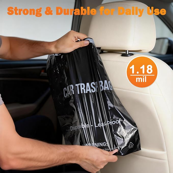50 Count Recycled Disposable Car Trash Bags - 2.5 Gallon Heavy Duty Alternative to Bulky Car Trash Can & Car Garbage Can, Leakproof Smellproof Hanging & Stick-On Garbage Bag for Car, SUV, Truck