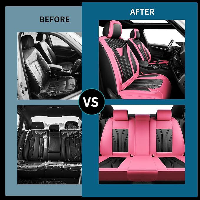 Fit Renegade Car Seat Covers for Jeep Renegade 2015-2024 -Full Set Premium Leather, Waterproof & Breathable，All-Weather Seat Cushion Protecto & Airbag Compatible, 5 Seats Pink&Black