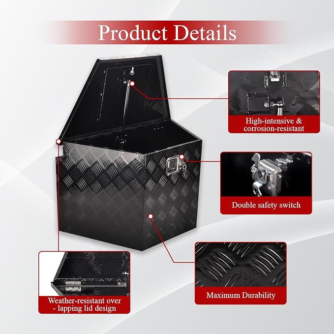 29''Inch Aluminum Trailer Tongue Tool Box Truck Bed Toolbox Truck Trailer Chest Box Underbody Storage Organizer Waterproof Square Storage Organizer w/Lock & Keys Black(‎29" Lx16.5 Wx18 H)