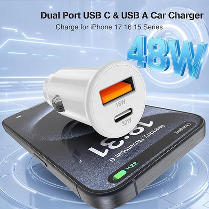 48W USB C Car Charger for iPhone 17 16 15 Pro Max, 48W Dual Port USB-C & USB-A Car Fast Charging Adapter, 2X3FT C to C Cable & A to C Carplay Cable for iPhone 17 16 15 Series/iPhone Air, iPad, Samsung