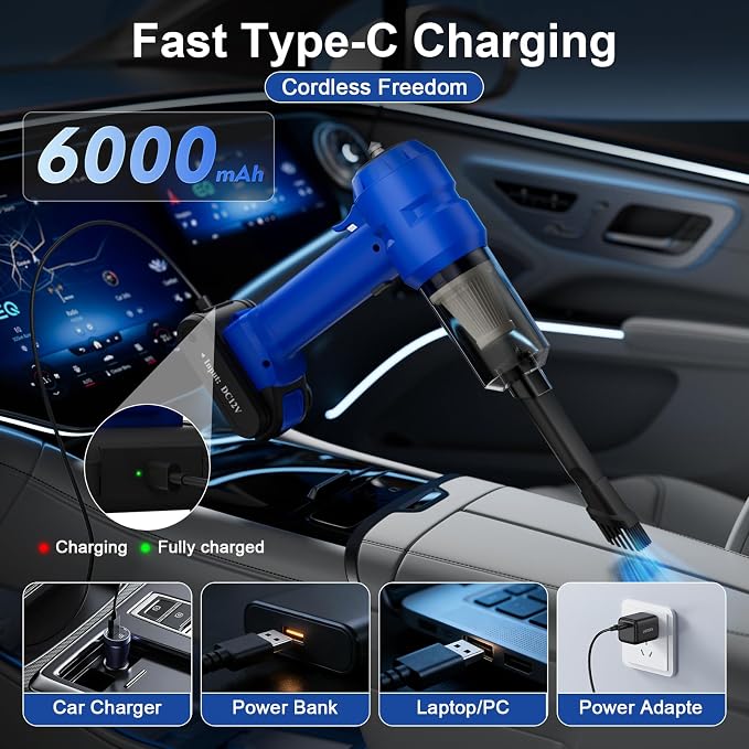 Vinid Handheld Car Vacuum Cleaner, 12000Pa Cordless Wet/Dry Vacuum & Air Blower, with Safety Hammer & Seatbelt Cutter, 80W 6000mAh Battery, HEPA Filter, Type-C Charging for Car Home Emergency, Blue