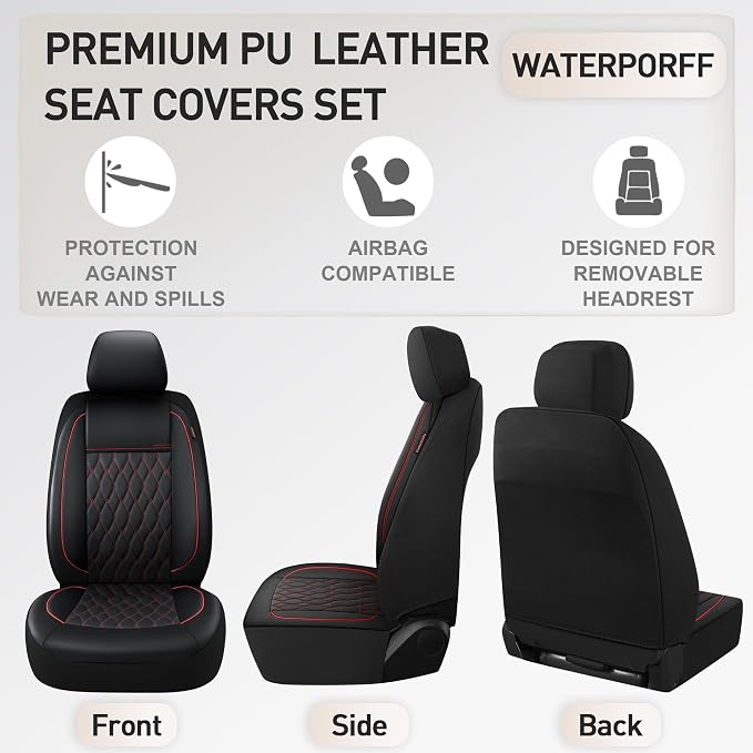CAROMOP Faux Leather Car Seat Covers Full Set,Luxury and Comfortable Covers for Cars,Split Bench Compatible Car Interior Covers,Universal Fit for Suvs,Vans,Trucks,Airbag Compatible(5-Seat Black/Red)