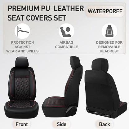 CAROMOP Faux Leather Car Seat Covers Full Set,Luxury and Comfortable Covers for Cars,Split Bench Compatible Car Interior Covers,Universal Fit for Suvs,Vans,Trucks,Airbag Compatible(5-Seat Black/Red)