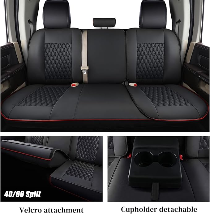 Coverado Seat Covers for Dodge Ram 1500, Full Coverage Leather Car Seat Covers Waterproof Fit for 2010-2023 2500 3500 Dodge RAM Automotive Seat Covers Protector for Trucks Ram, Red line