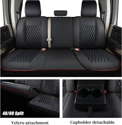 Coverado Seat Covers for Dodge Ram 1500, Full Coverage Leather Car Seat Covers Waterproof Fit for 2010-2023 2500 3500 Dodge RAM Automotive Seat Covers Protector for Trucks Ram, Red line