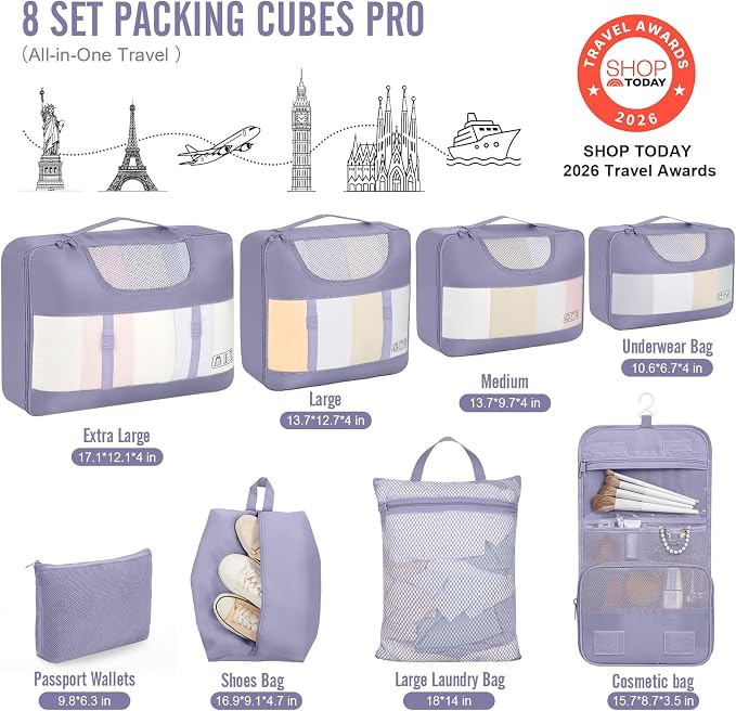 Veken 8 Set Packing Cubes for Travel Essentials,Anti-Wrinkle Buckled Suitcase Organizer for Shoe & Toiletry Bag,Carry On Luggage Bag with 99+ Count Mesh Holes for Airplane & College Dorm Accessories