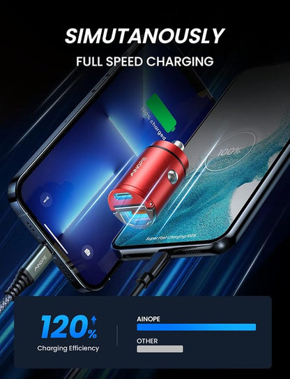 AINOPE USB C Car Charger Adapter, PD36W & QC36W Fast Charging, Mini & All Metal, Compatible with iPhone 17/16/15/14 Pro Max/13 & Samsung Smartphones, Red Kits