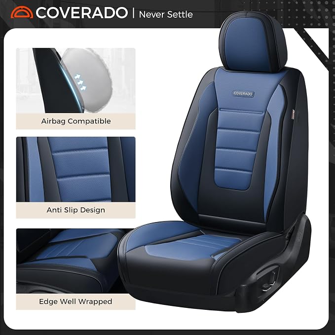 Coverado Car Seat Covers Full Set, Nappa Leather Seat Covers for Cars, Car Seat Protector Car Seat Cushion, Front and Back Seat Protectors Cushions Universal Fit for Most Cars Vehicles(Black&Blue)