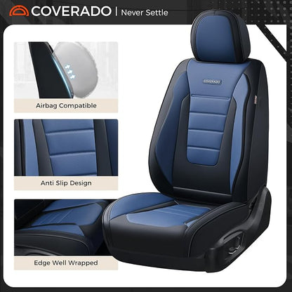 Coverado Car Seat Covers Full Set, Nappa Leather Seat Covers for Cars, Car Seat Protector Car Seat Cushion, Front and Back Seat Protectors Cushions Universal Fit for Most Cars Vehicles(Black&Blue)