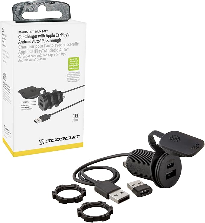 Scosche CPPDRLK-SP PowerVolt 27W Dash Port USB PD 3.0 Type-C Car Charger Compatible w/ Apple CarPlay & Android Auto Passthrough with USB-A to USB-C Adapter, Charger Socket for Car, Truck, Motorcycle