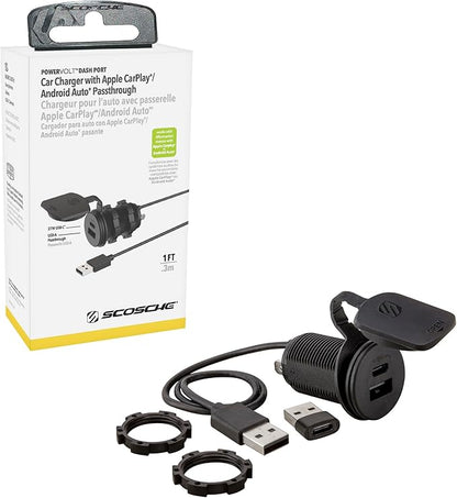 Scosche CPPDRLK-SP PowerVolt 27W Dash Port USB PD 3.0 Type-C Car Charger Compatible w/ Apple CarPlay & Android Auto Passthrough with USB-A to USB-C Adapter, Charger Socket for Car, Truck, Motorcycle