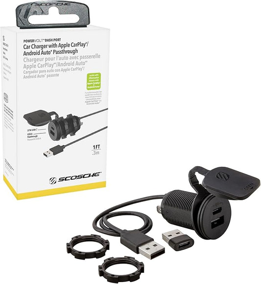Scosche CPPDRLK-SP PowerVolt 27W Dash Port USB PD 3.0 Type-C Car Charger Compatible w/ Apple CarPlay & Android Auto Passthrough with USB-A to USB-C Adapter, Charger Socket for Car, Truck, Motorcycle