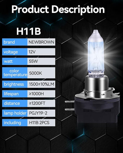 NEWBROWN H11B Headlight Bulb H11B Halogen Headlight Bulb 5000K Super White Light Long Life Replacement PGJY19-2 12V/55W (H11B, 2 Pack)