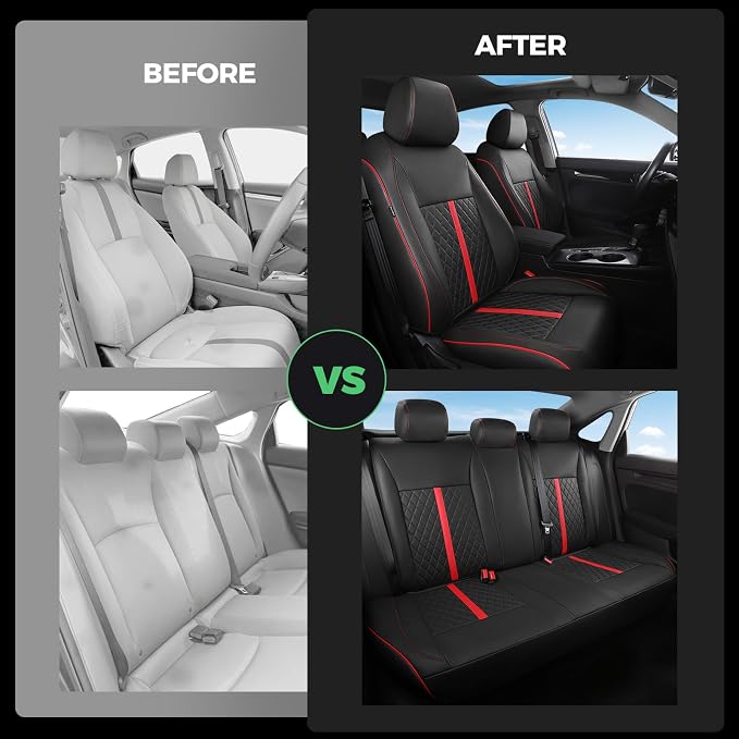 for Honda Civic Leather Seat Covers, Sedan LX 2016 2017 2018 2019 2020 2021, Custom Fit Car Seat Cover Full Set, Waterproof Accessories, Black Red (Solid Bench Seats- W/O Rear Armrest)