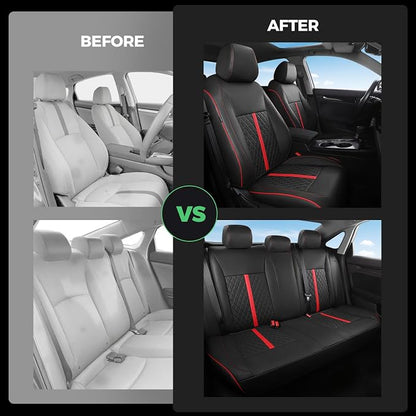 for Honda Civic Leather Seat Covers, Sedan LX 2016 2017 2018 2019 2020 2021, Custom Fit Car Seat Cover Full Set, Waterproof Accessories, Black Red (Solid Bench Seats- W/O Rear Armrest)