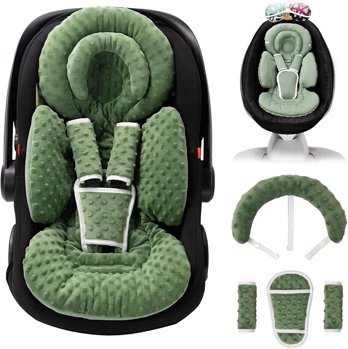TinlyFinly Infant Car Seat Insert with Extra Cushion for Preemie to Toddler, Reversible Newborn Carseat Insert for Baby Head Body Support, Fits for Stroller, Baby Swing, Bouncer - Dots, Dark Green